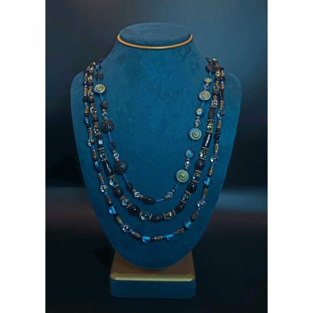 Multi-Strand Iridescent Teal & Black Spiral Bead Necklace